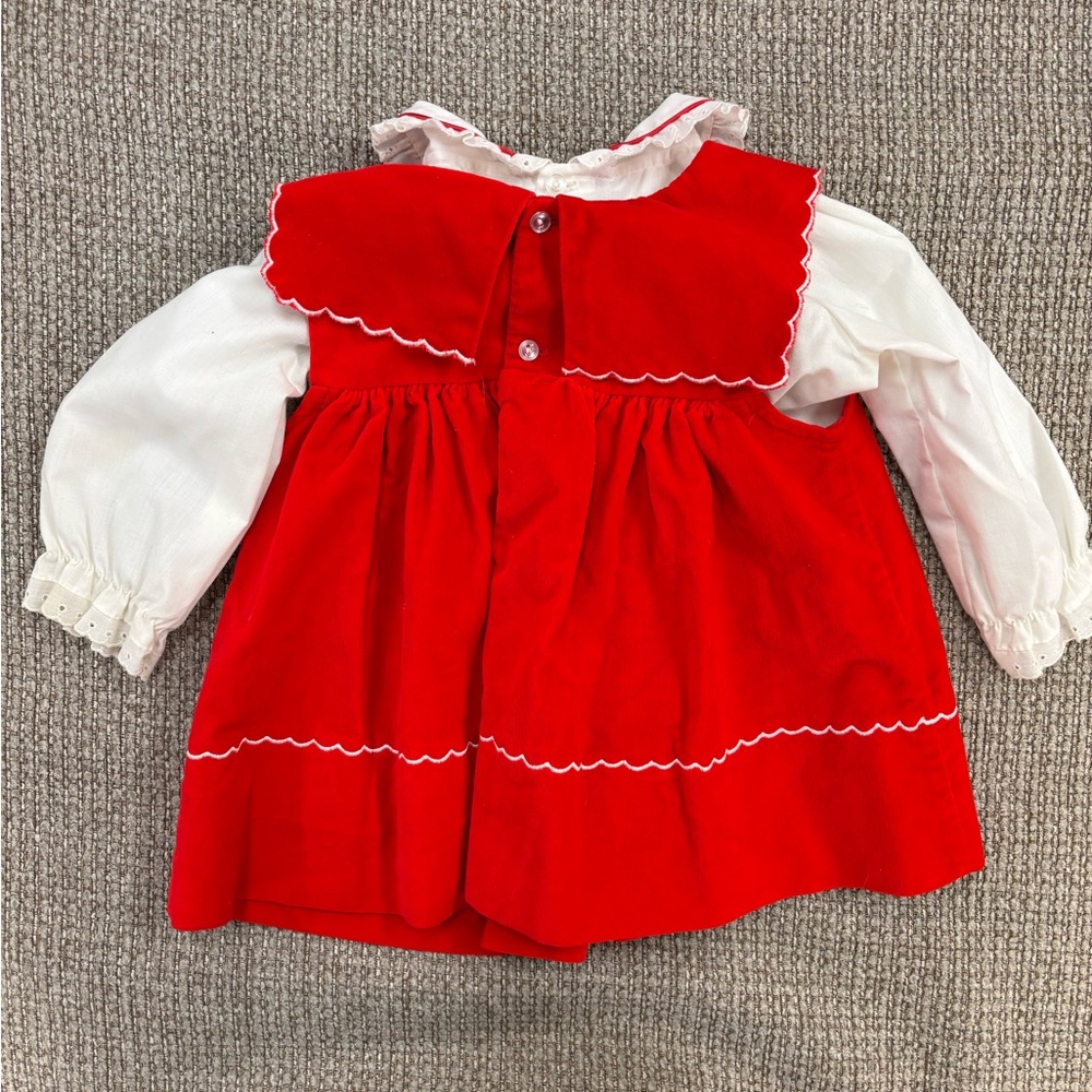 Vintage Red Velvet Baby Dress Set 12M Embroidered Heirloom Floral Outfit - Picture 3 of 8